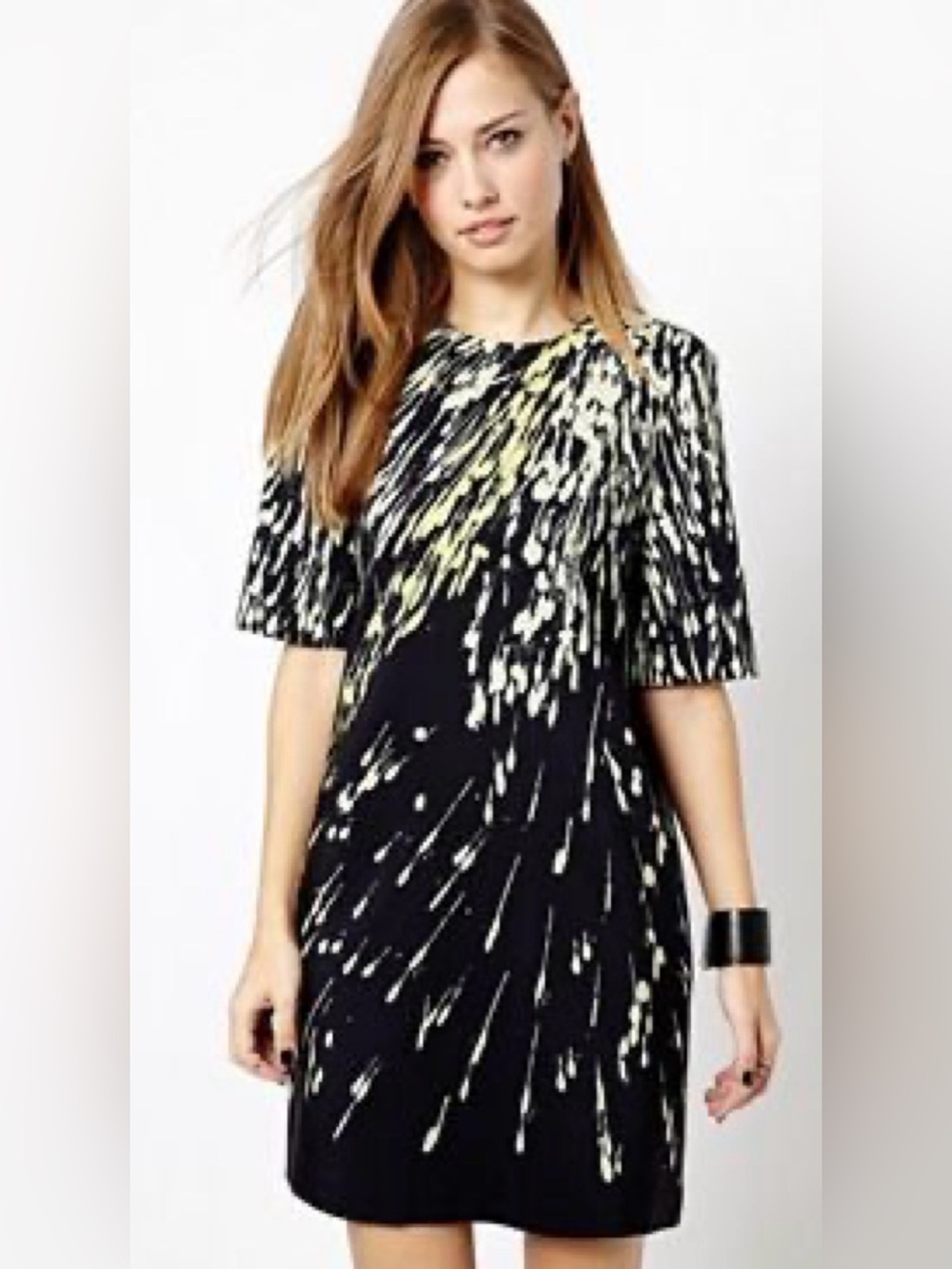 Whistles 100% Silk Splash Print Sheath Short Sleeve Mini Dress Blue Yellow Small